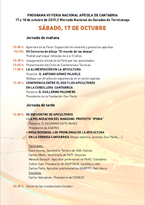 PROGRAMA VII FERIA NACIONAL APÍCOLA  DE CANTABRIA 17 y 18 de octubre de 2015